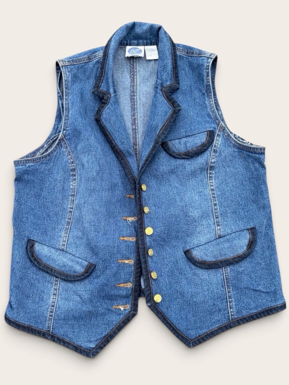 DG2 Diane Gilman Denim Vest Womens M Blue Jean Blazer Gold Buttons Western